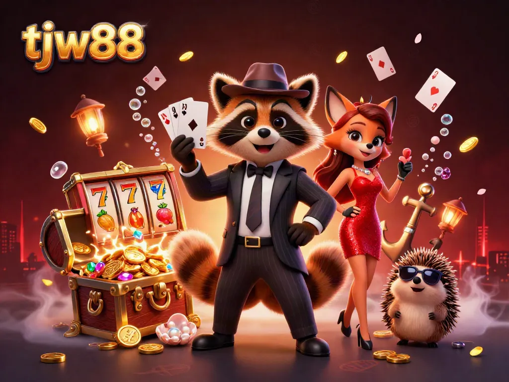 Engage with tjw88 through vibrant 3D casino illustration showcasing raccoon, fox, and hedgehog, surrounded by gambling elements.