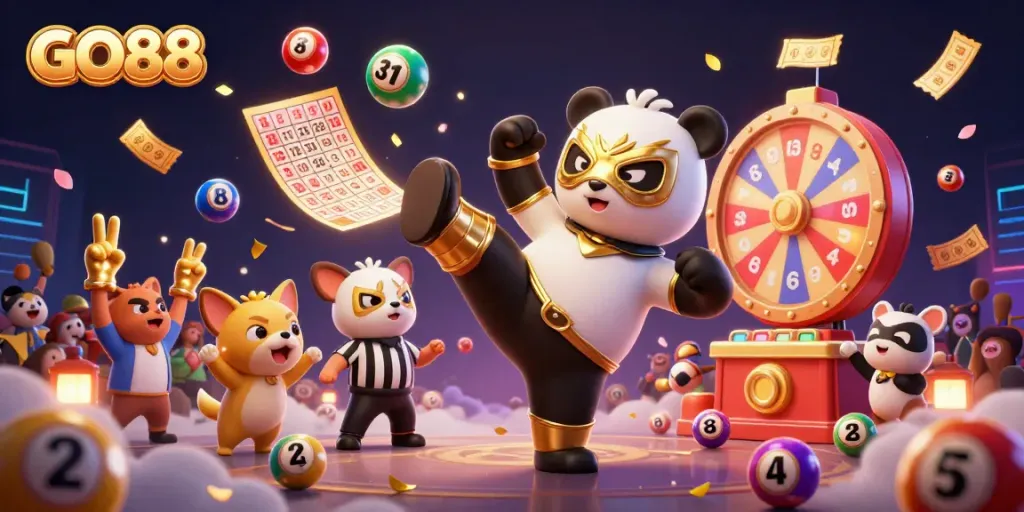 Experience thrilling excitement at GO88 with a lively casino scene showcasing animated characters and dynamic gambling elements.