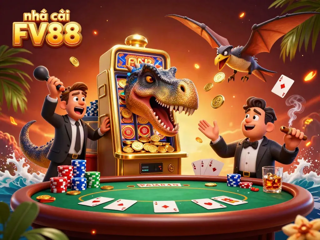 nhà cái FV88 illustration with characters enjoying a slot win while managing a bustling casino.