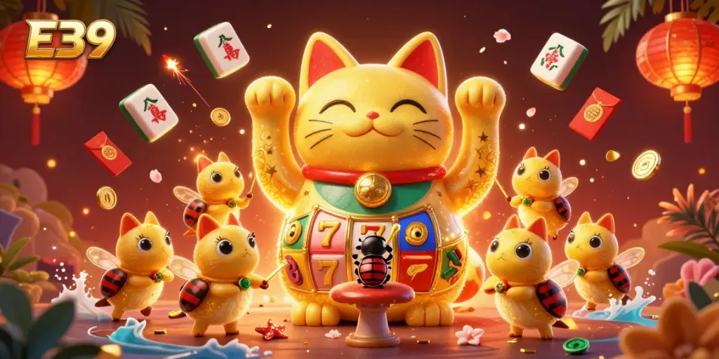 Engage with E39's lucky cat in a vibrant casino scene filled with dynamic prizes and festive elements.