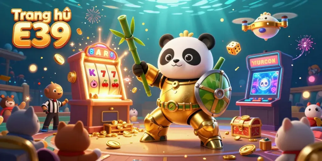 Experience the excitement of Trang chủ E39 with an ultra-detailed 3D casino scene featuring a golden panda and vibrant game elements.