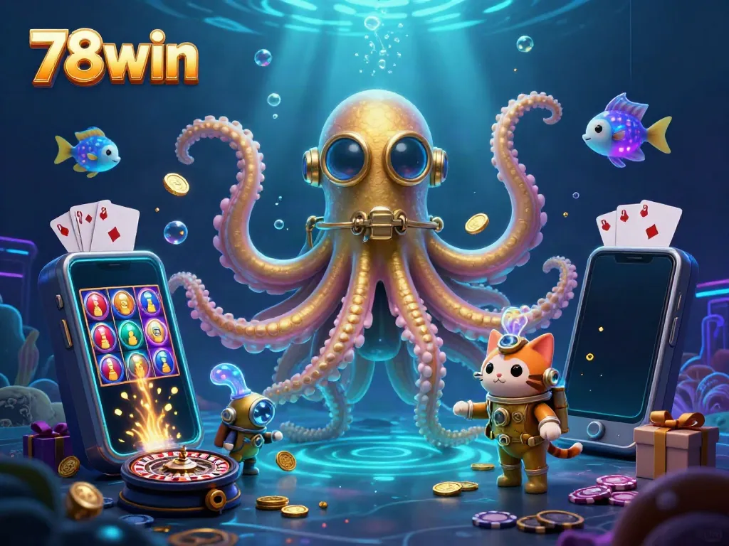 Immerse in the 78win casino adventure with a kraken, diving cat, and vibrant game elements.