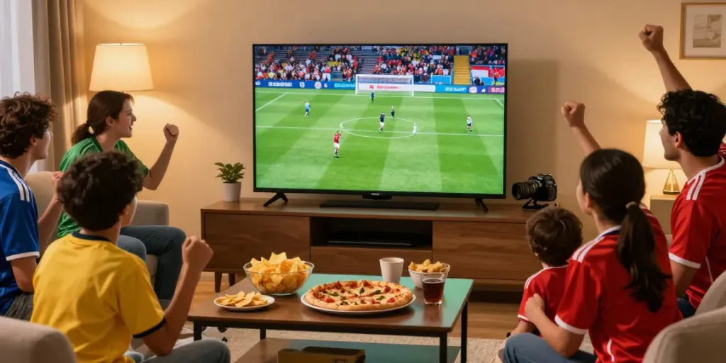CakhiaTV watching experience with fans enjoying live soccer.