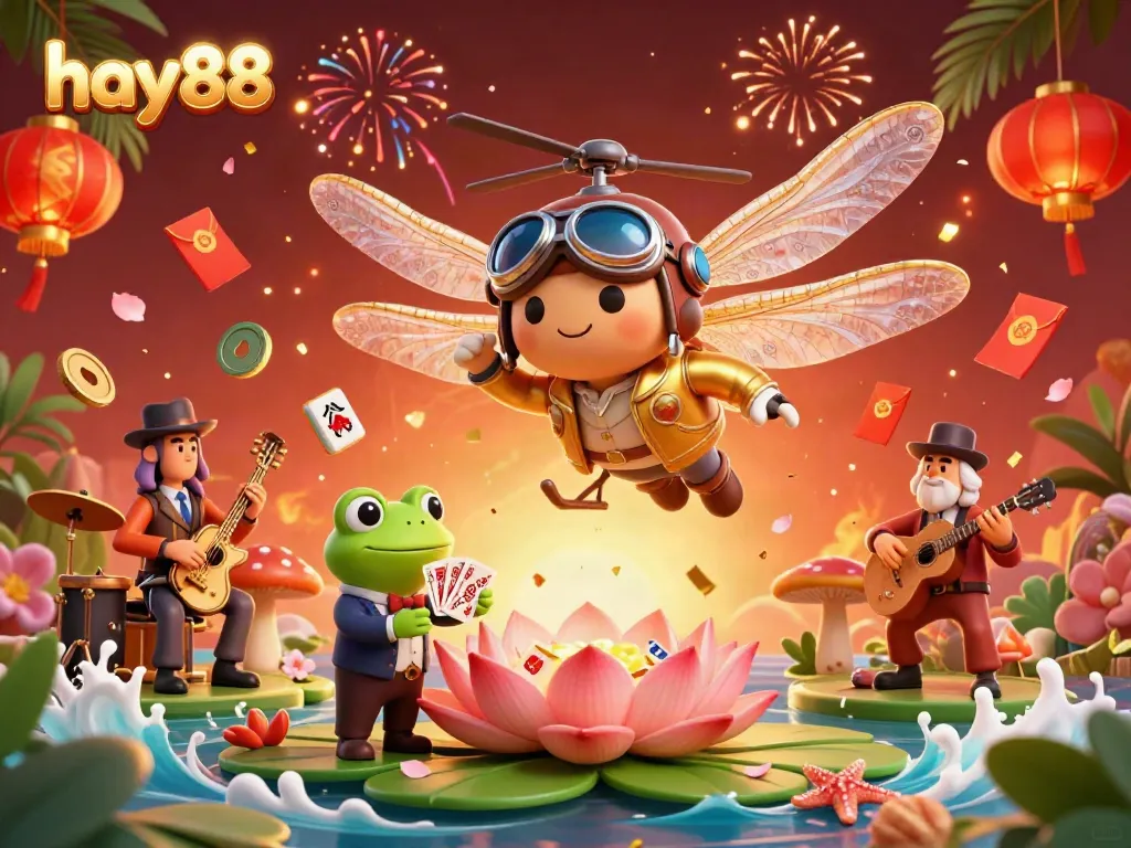 Experience the excitement of hay88 as a frog croupier deals cards in a vibrant lily pad casino.