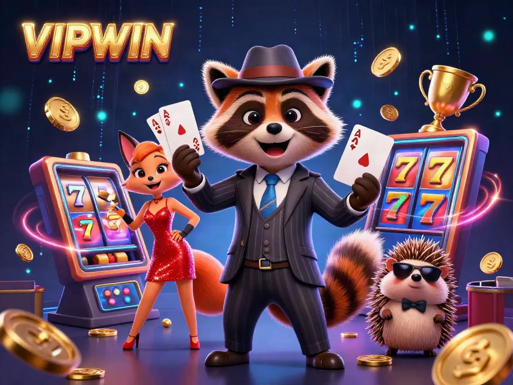 Experience thrilling wins with VIPWIN at a vibrant casino scene featuring charming anthropomorphic characters.