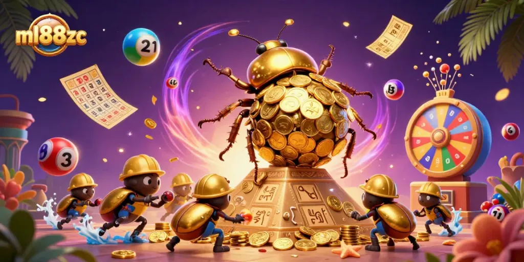 Experience the thrill of ml88zc with a golden dung beetle and vibrant casino elements.