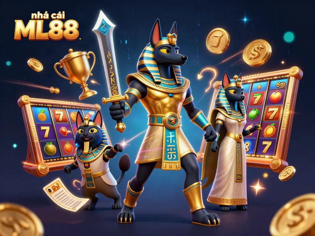 Experience the thrilling energy of nhà cái ML88 with Anubis and Bastet amidst slot machines and golden trophies.