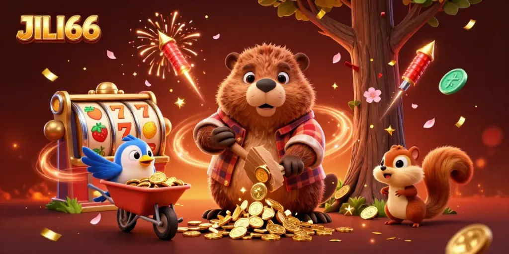 Experience JILI66's vibrant casino world with animated characters collecting coins in a dynamic scene.