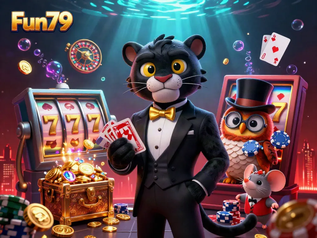 Experience Fun79's lively casino atmosphere with a stylish panther dealer, owl, and mouse in this dynamic illustration.