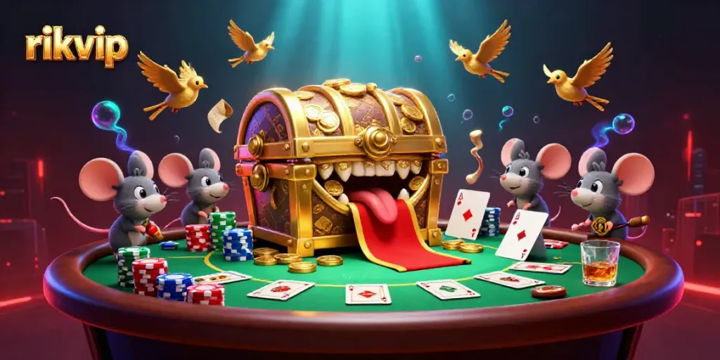 Experience thrilling gameplay at rikvip with vibrant visuals of a treasure chest and poker elements.