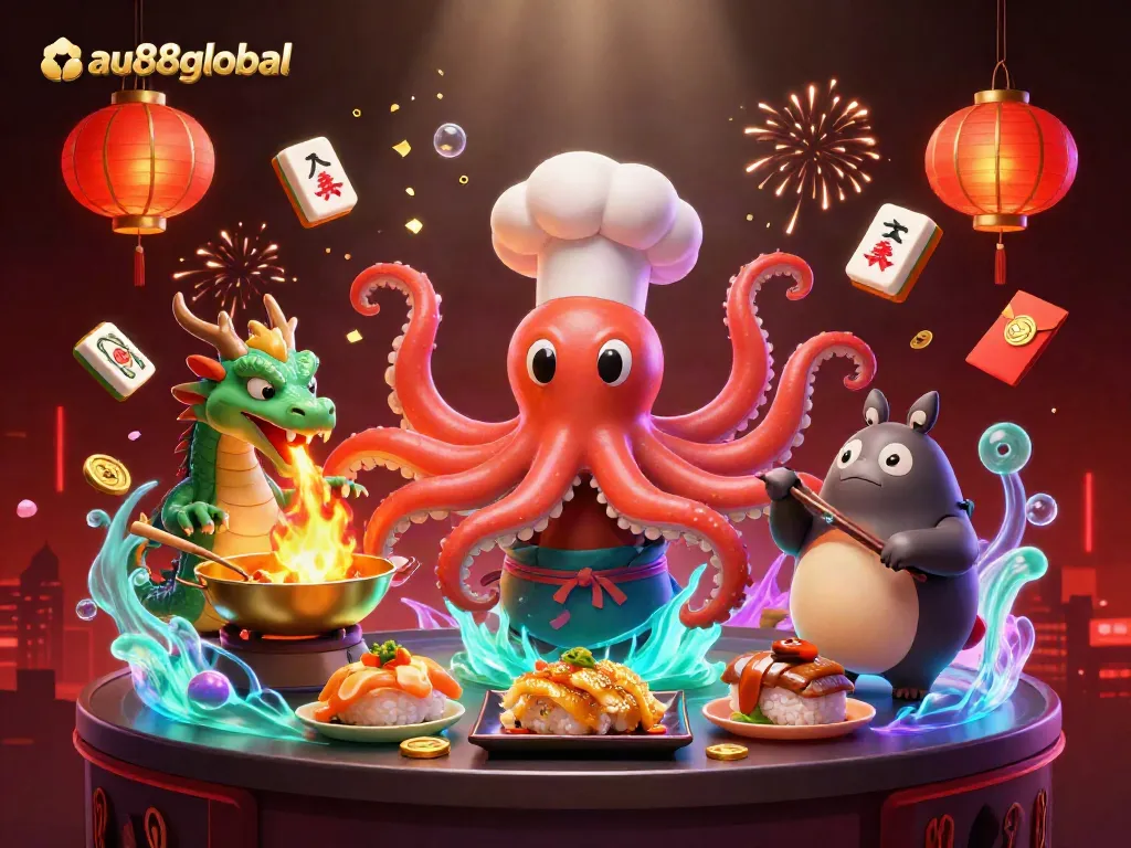 Experience the thrill of au88global with dynamic casino elements featuring a cartoon octopus chef!
