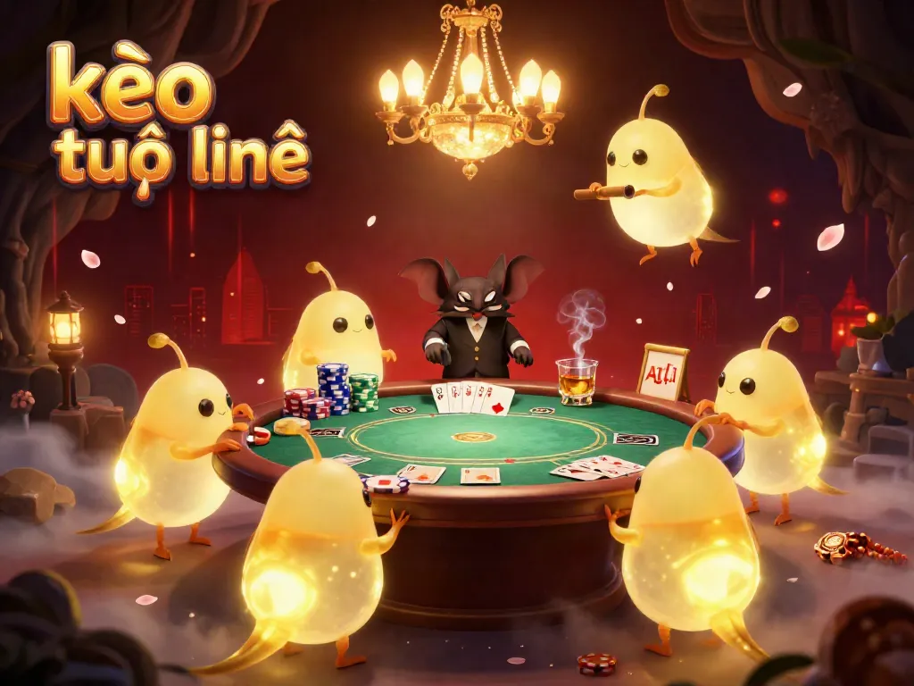Experience the excitement of kèo trực tuyến in a vibrant cave casino scene with glowworms illuminating a poker game.