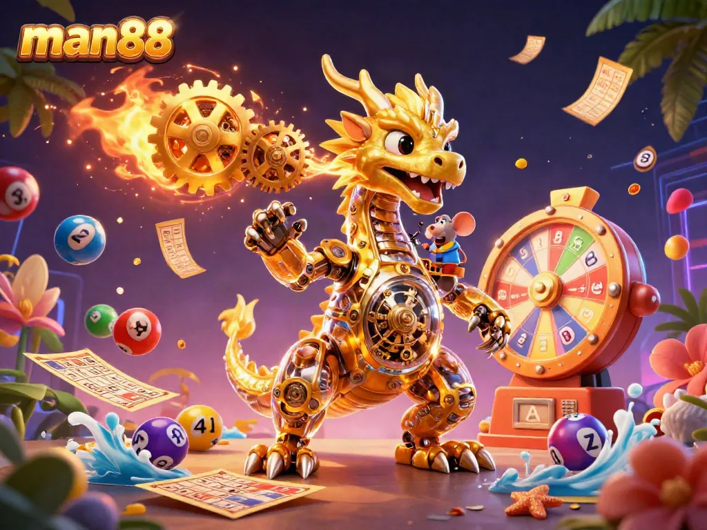 Experience the thrill of man88 with an illustration of a golden dragon and dynamic gambling elements.