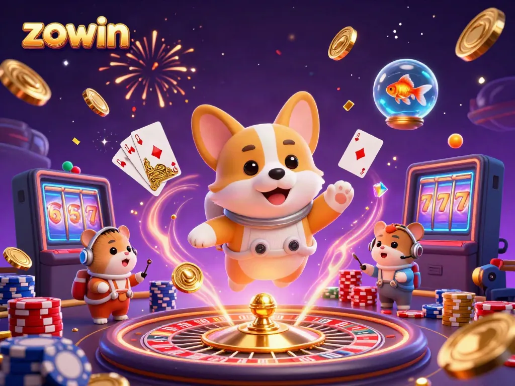 Zowin themed floating 3D puppy in a space casino, surrounded by coins, roulette, and festive elements.