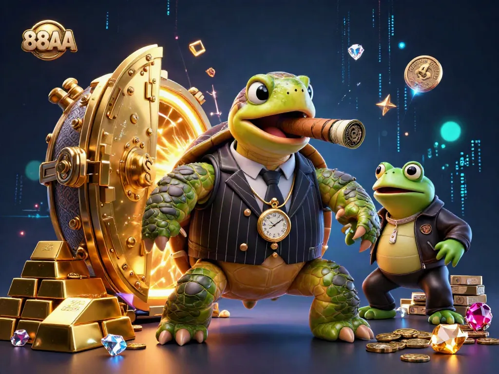 88AA showcases a luxury casino scene with a turtle mobster and bullfrog enforcers amid gold treasures.