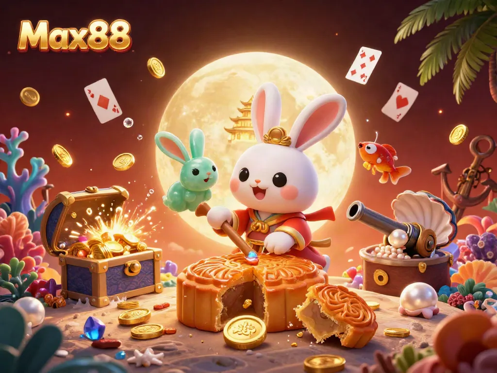 Experience thrilling gameplay at Max88, featuring a vibrant 3D scene with a moon rabbit and poker chips.