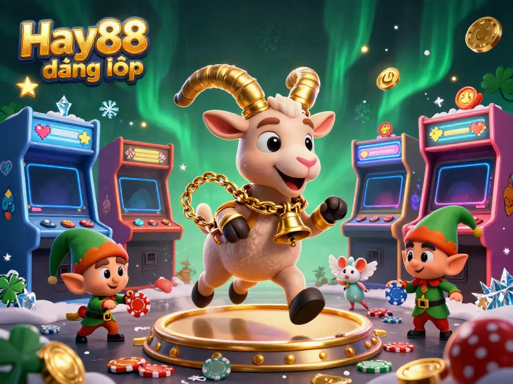 Engage with Hay88 đăng nhập at a lively casino led by a Krampus goat, featuring vibrant gaming elements.