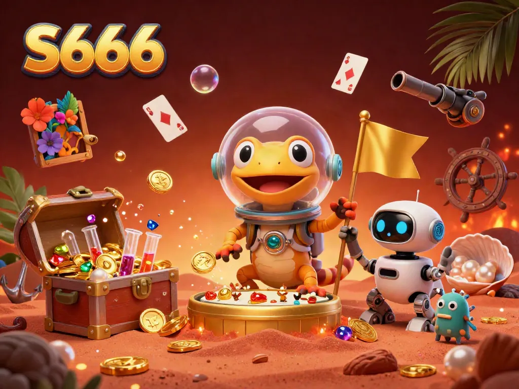 S666 offers thrilling gameplay in a vibrant, golden Martian casino with an adventurous Martian gecko.
