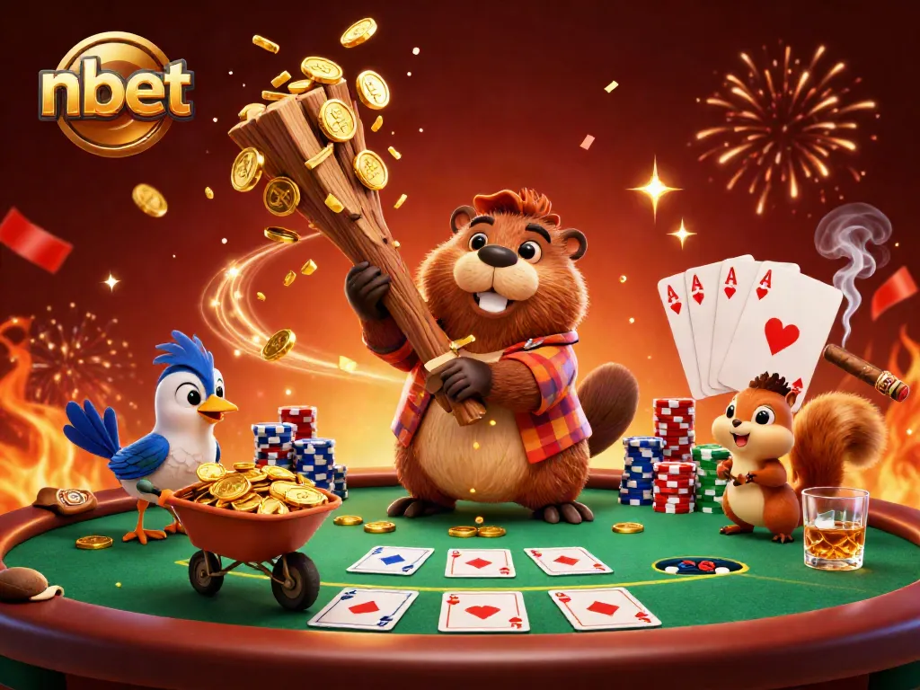 Experience the excitement of nbet with a cartoon scene featuring a beaver, bird, and squirrel amidst a lively poker environment.