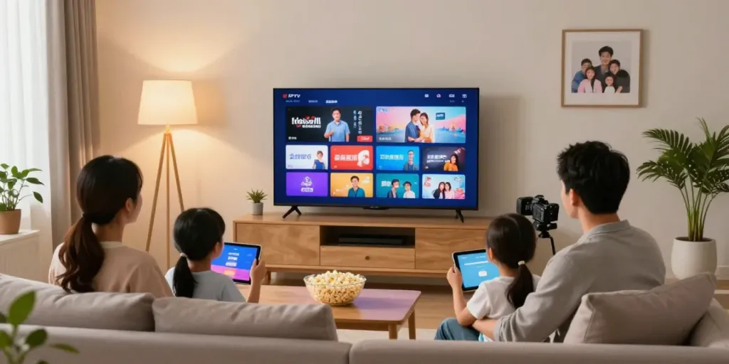 IPTV Provider experience in a family living room with smart TV and streaming content.