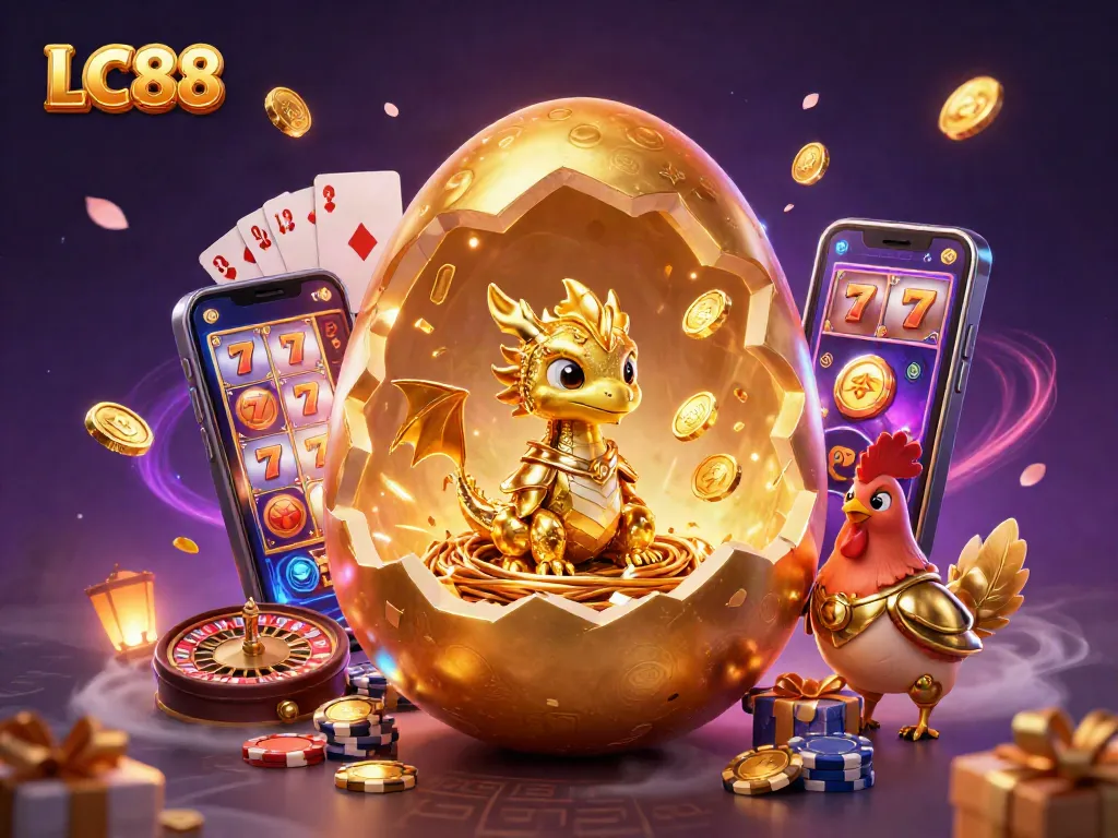 Engage with LC88 slot adventures as a golden dragon rises from poker chips amidst vibrant casino elements.
