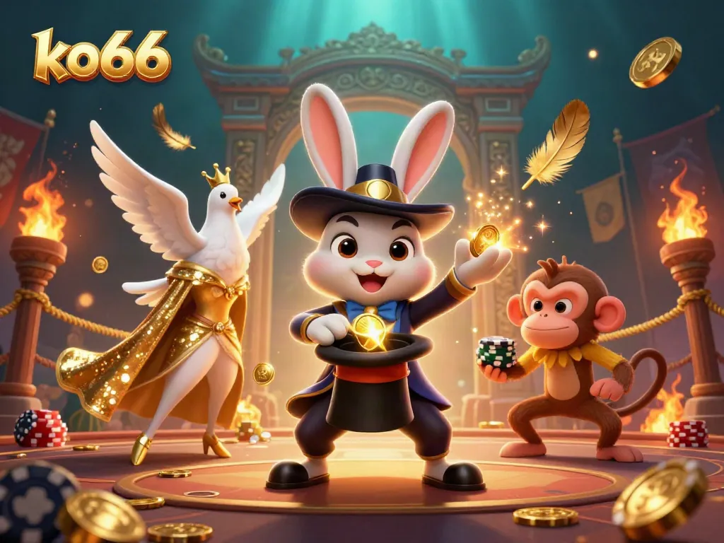 Engage with ko66 in this vibrant 3D casino illustration showcasing a magician rabbit, dove, and monkey around golden coins.