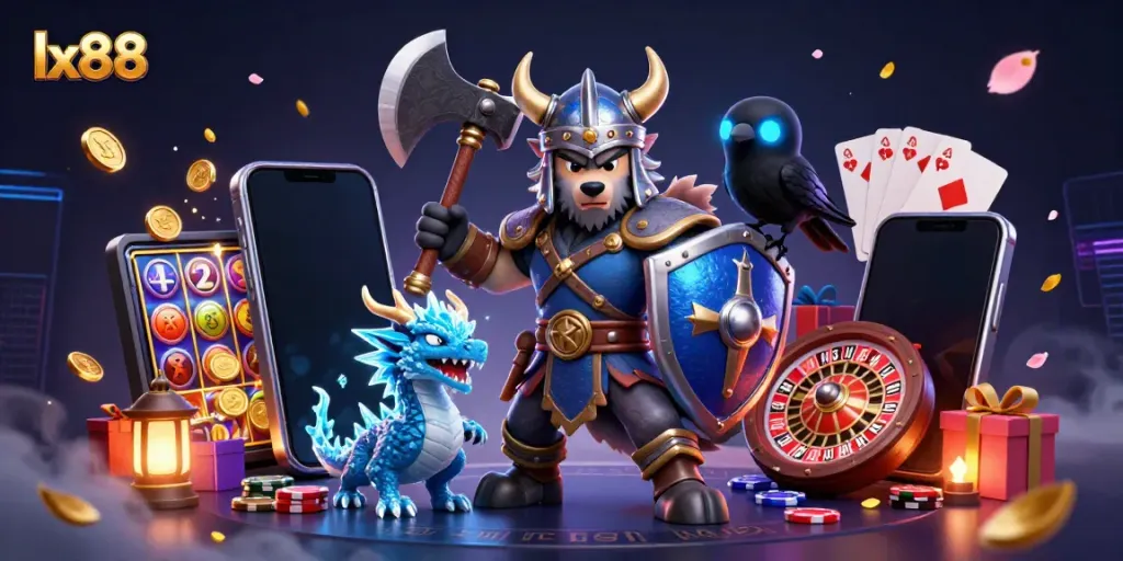 Engage with thrilling gaming action in lx88 featuring a 3D Viking warrior, dragon, and exciting casino elements.