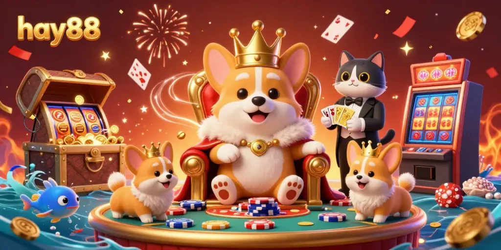 Join the royal corgi at hay88's vibrant casino, surrounded by treasures, confetti, and energy.