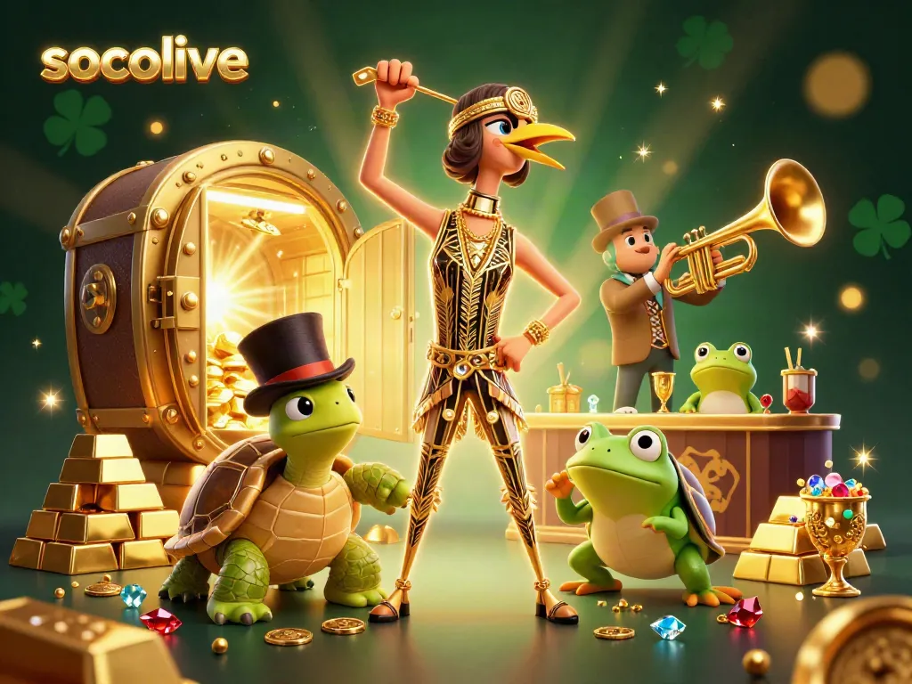 Experience socolive's thrilling gameplay featuring vibrant characters in 3D glory, with dazzling treasures and festive energy.