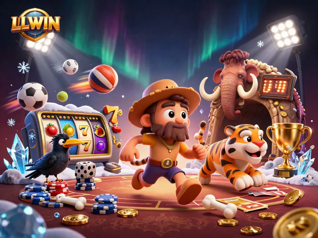 Experience the thrill of LLWIN with a vibrant 3D casino scene featuring playful characters and dynamic gambling elements.