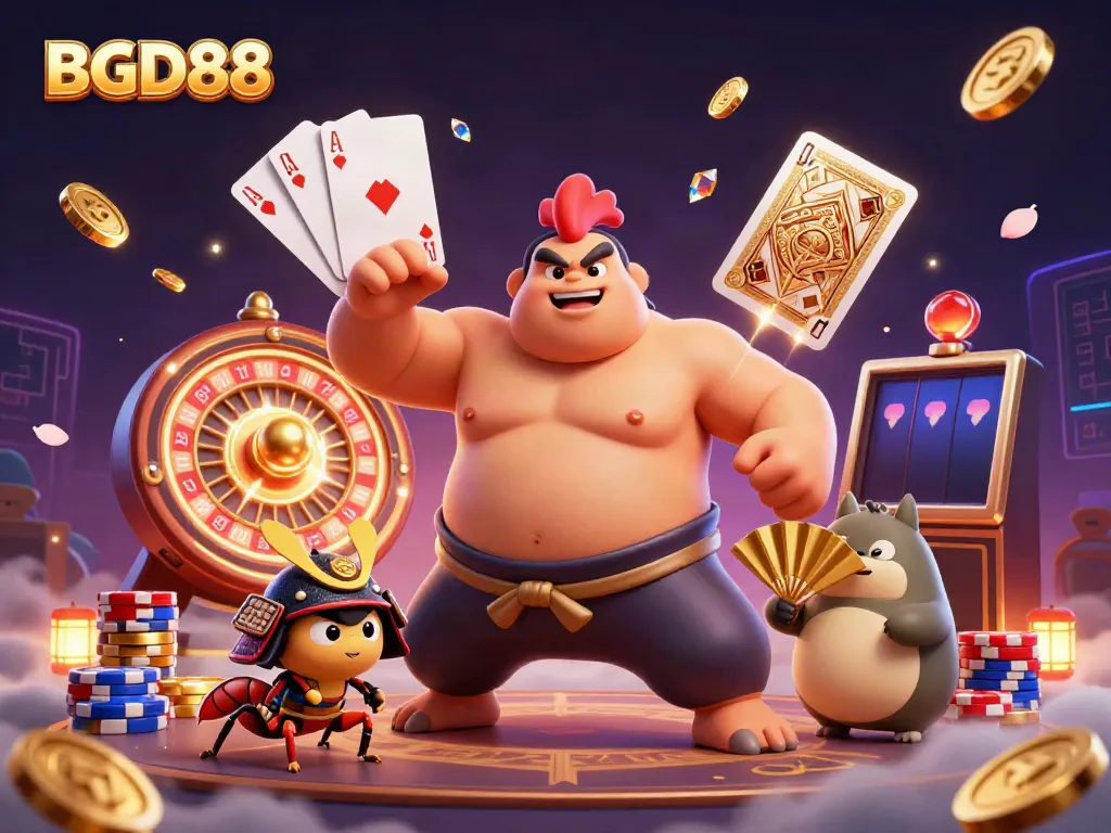 Experience the excitement of BGD88 with a powerful sumo rooster and a fierce cricket in a lively casino scene.