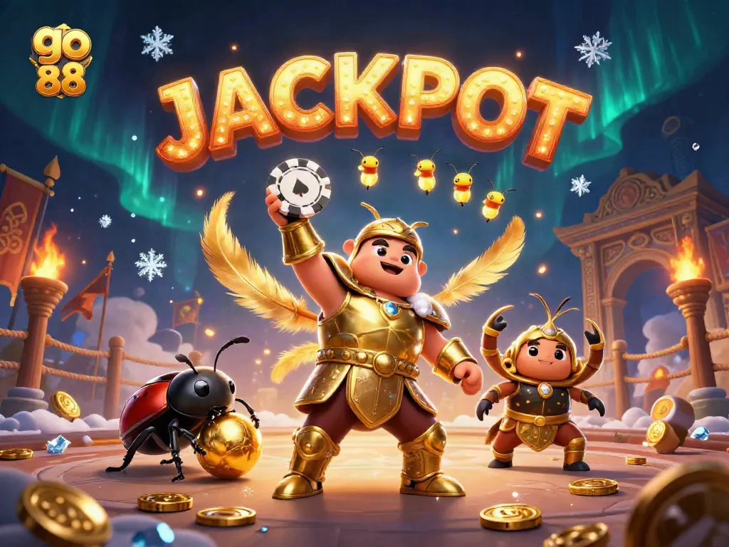 Experience excitement at go 88 with 3D beetles celebrating a jackpot in a dynamic casino scene.