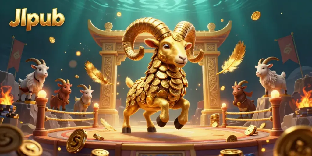 Experience thrilling betting action at Jlpub with a fierce golden ram charging through a dynamic casino scene.