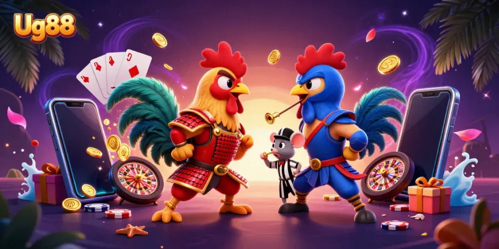 Experience thrilling Ug88 action with fighting roosters and casino games in this vibrant illustration.
