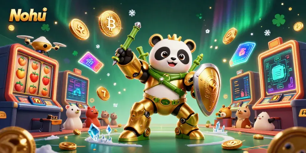 Nohu showcases excitement with a golden panda in an exhilarating casino scene featuring vibrant slot symbols and cryptocurrency coins.