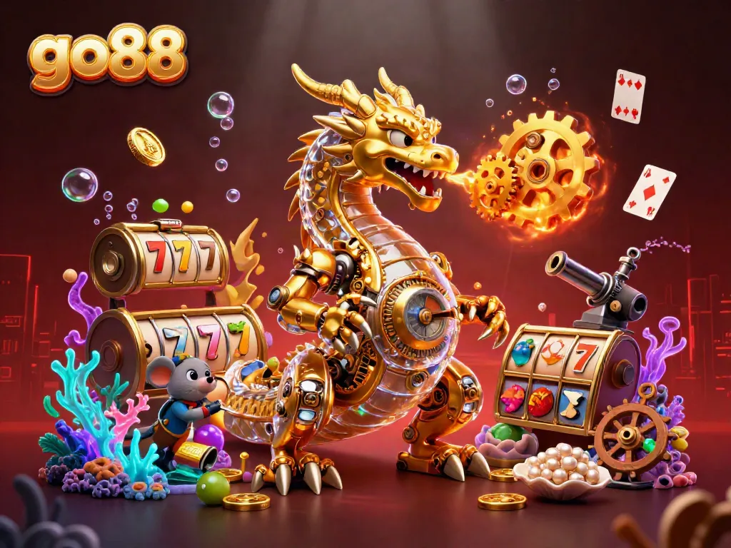 Experience the thrill of go88's immersive online casino with a vibrant dragon and slot elements.
