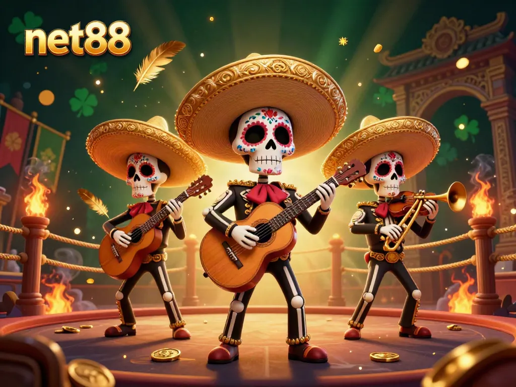 Experience vibrant gaming with net88 featuring a lively skeleton mariachi band amidst a rich casino atmosphere.