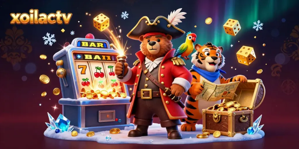 Xoilactv's lively cartoon scene featuring a pirate bear and tiger, celebrating casino wins.
