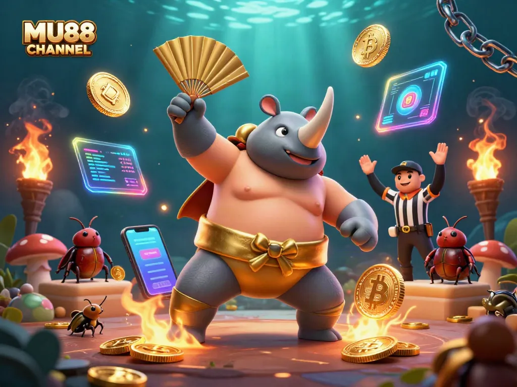 Experience excitement with MU88 CHANNEL's vibrant casino scene featuring a sumo beetle champion.