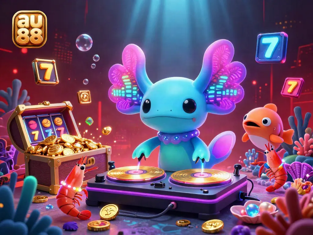 Engage with thrilling slot games at au 88 in a vibrant underwater casino scene with axolotl DJ.