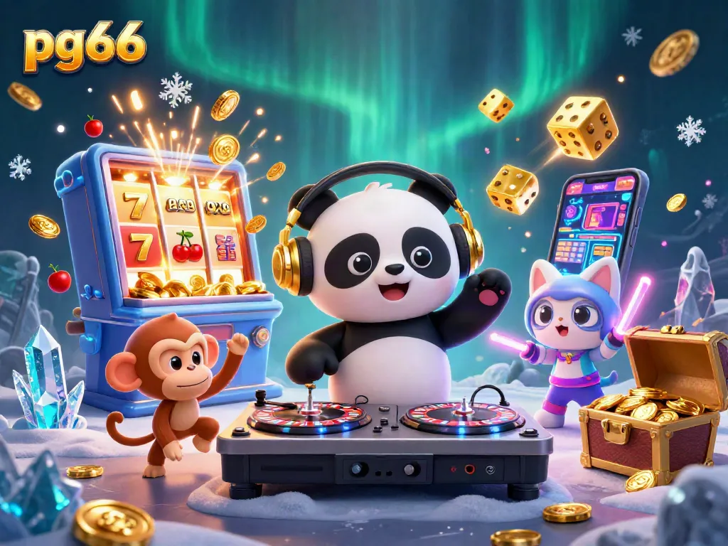 Engage with pg66's vibrant casino world featuring a DJ panda and playful characters.