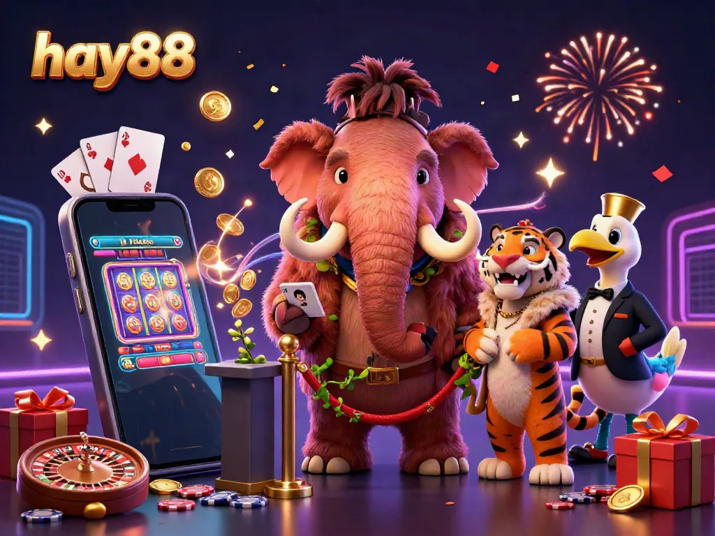 Experience exciting gaming moments at hay88 with a woolly mammoth bouncer, saber-tooth tiger VIP, and dazzling casino elements.