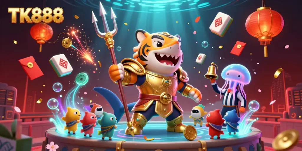 Experience thrilling underwater gaming action with TK888 as a fierce golden shark battles in a vibrant colosseum.