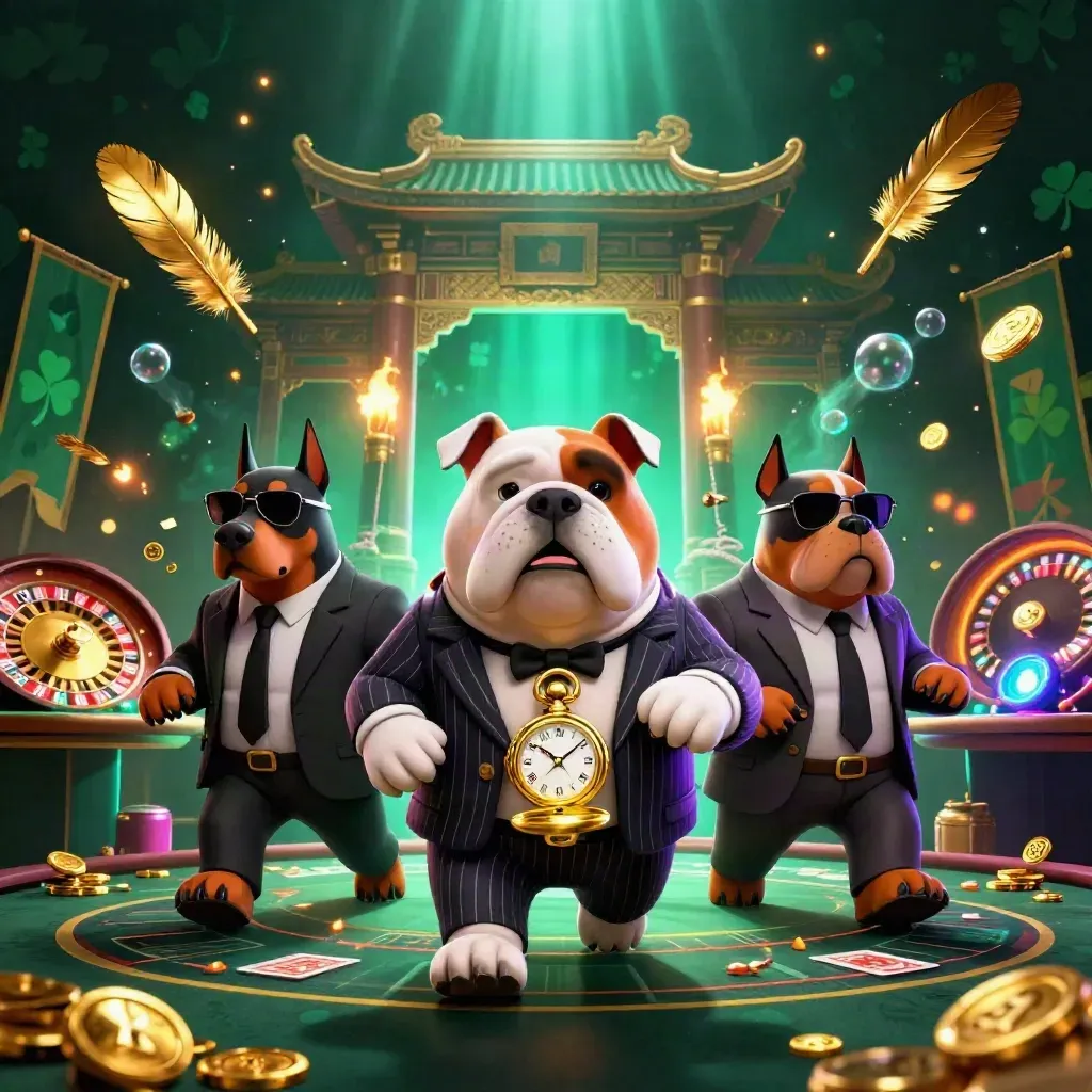Bulldog casino boss with two dobermans amid gold, teal glow, roulette, and a temple gate