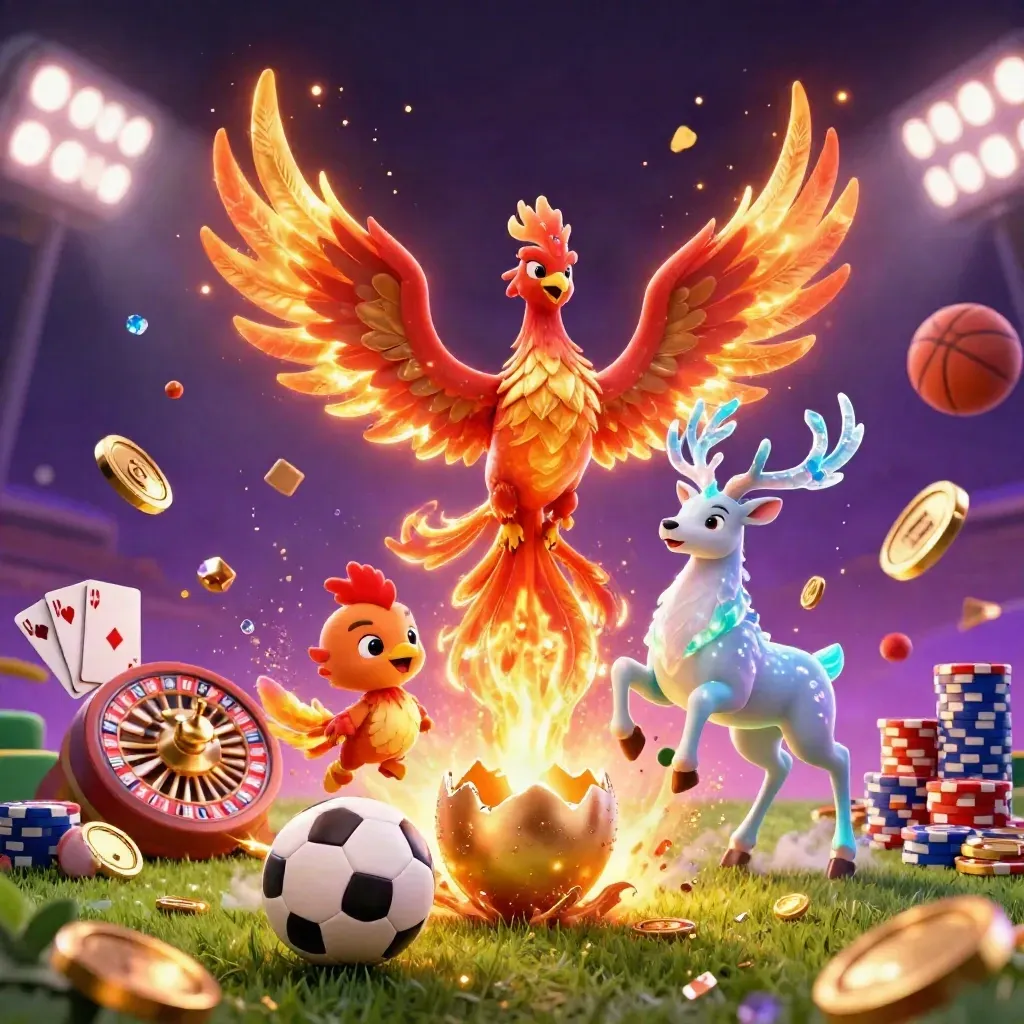 Fire phoenix, baby phoenix, stag, casino icons and a soccer ball erupt in gold light on a dark starfield.