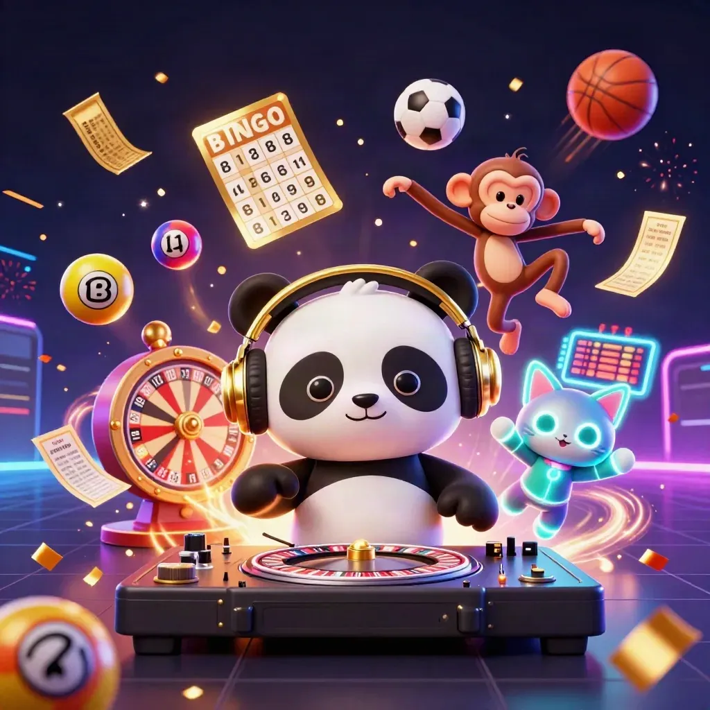 DJ panda, breakdancing monkey, and glow-stick kitten in a neon casino-sports explosion