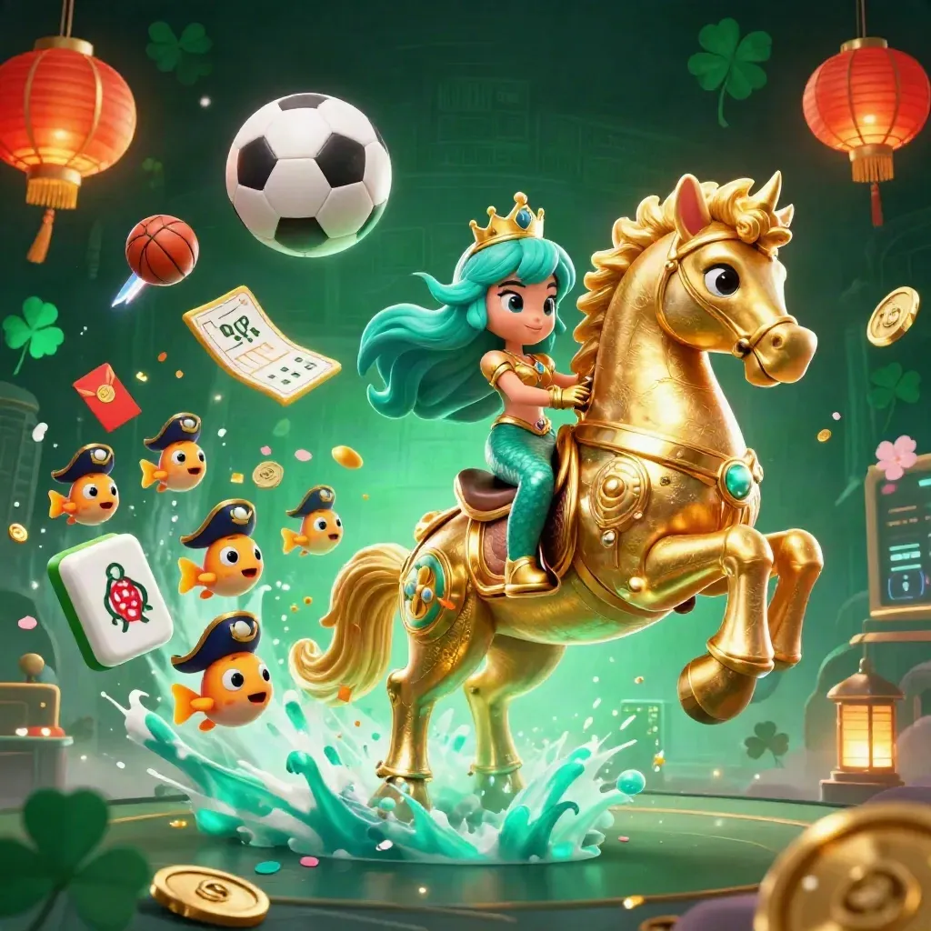 Mermaid princess on a gold seahorse amid casino-lucky sports props and neon glow.