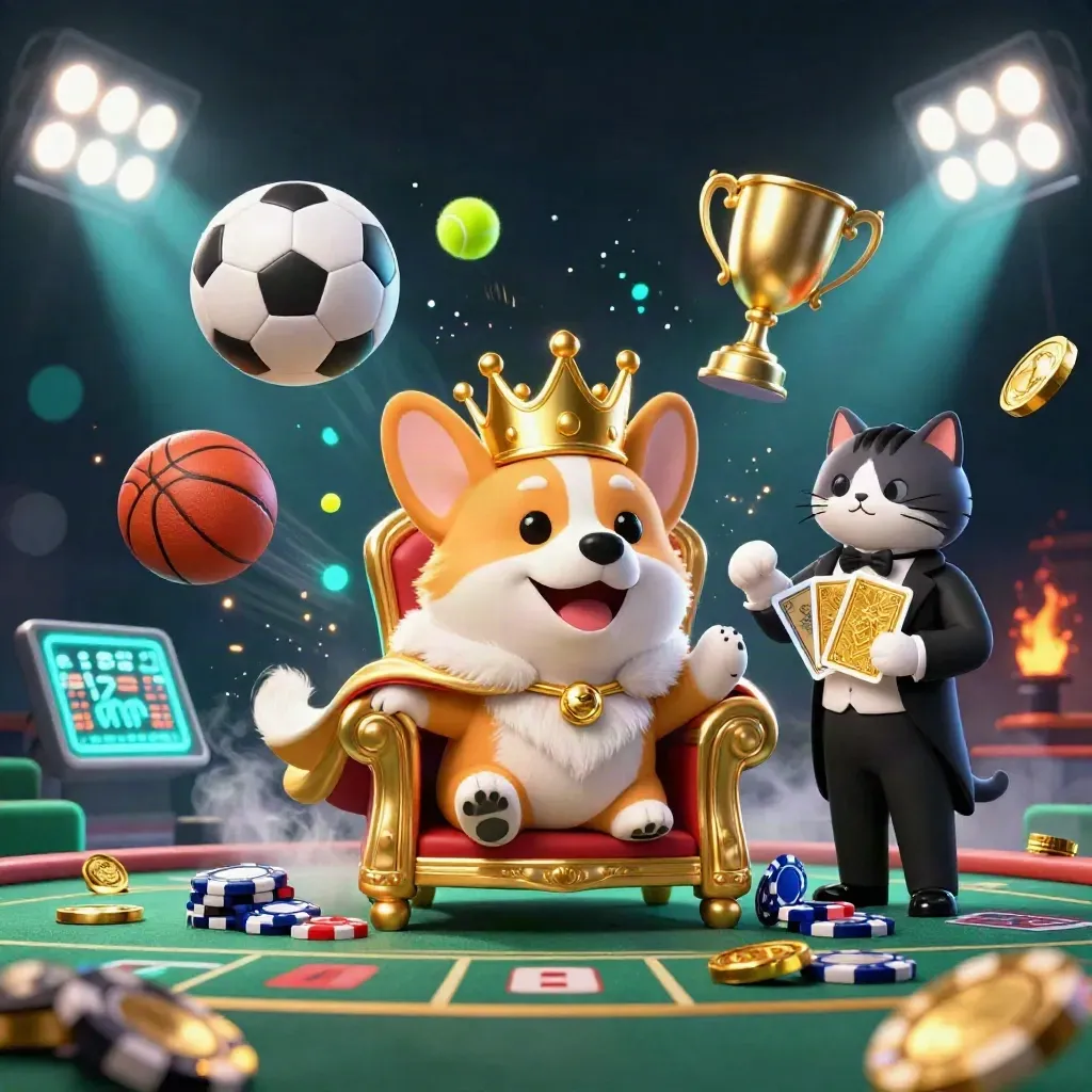 Crowned corgi and cat butler amid flying sports balls, chips, and gold light.