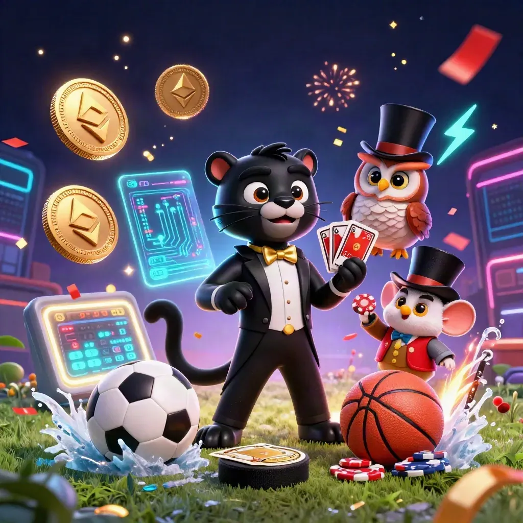 Panther, owl, and mouse amid glowing sports-betting chaos, coins, and flying balls