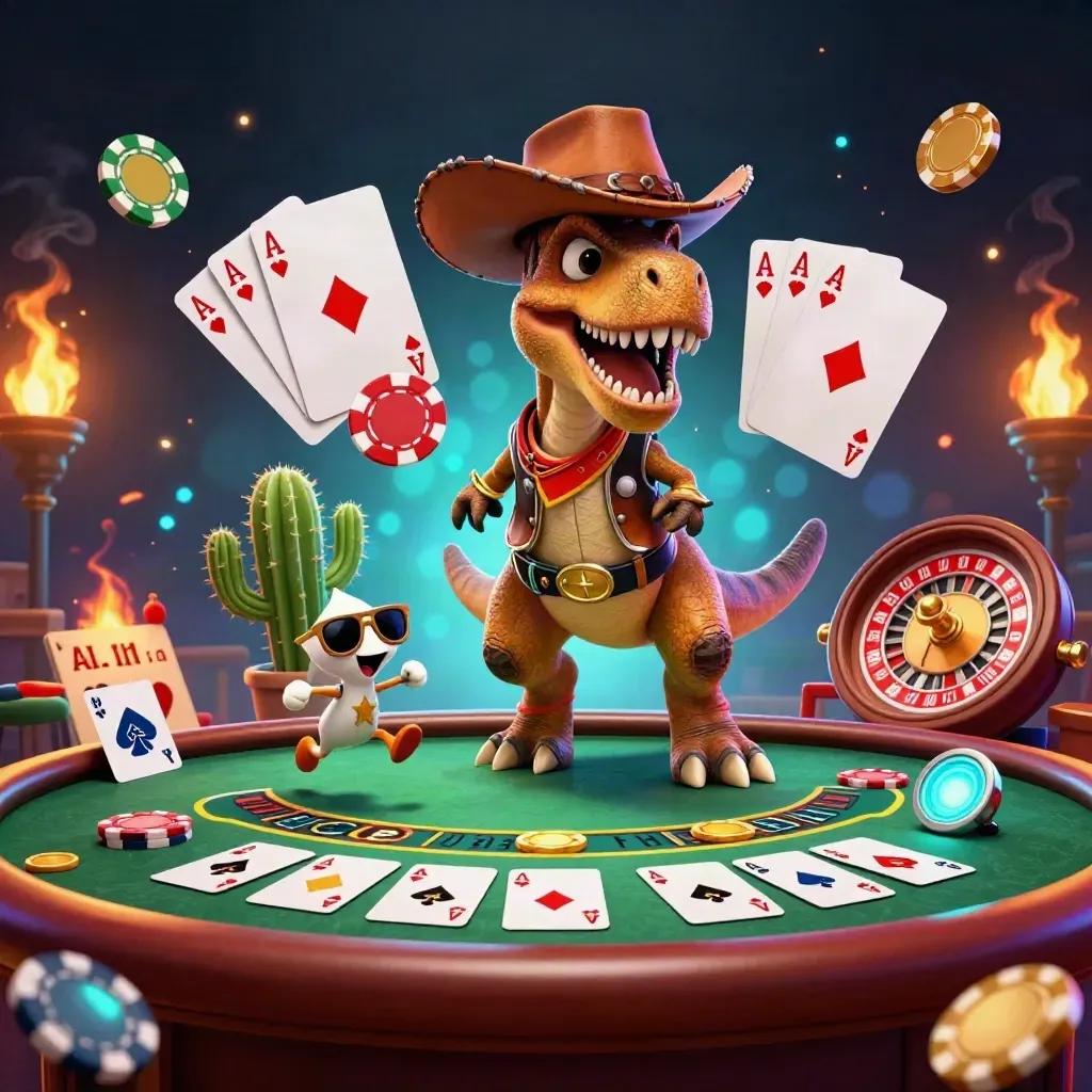 Cowboy T-Rex, cactus sidekick and roadrunner amid casino props, neon-lit on dark navy.